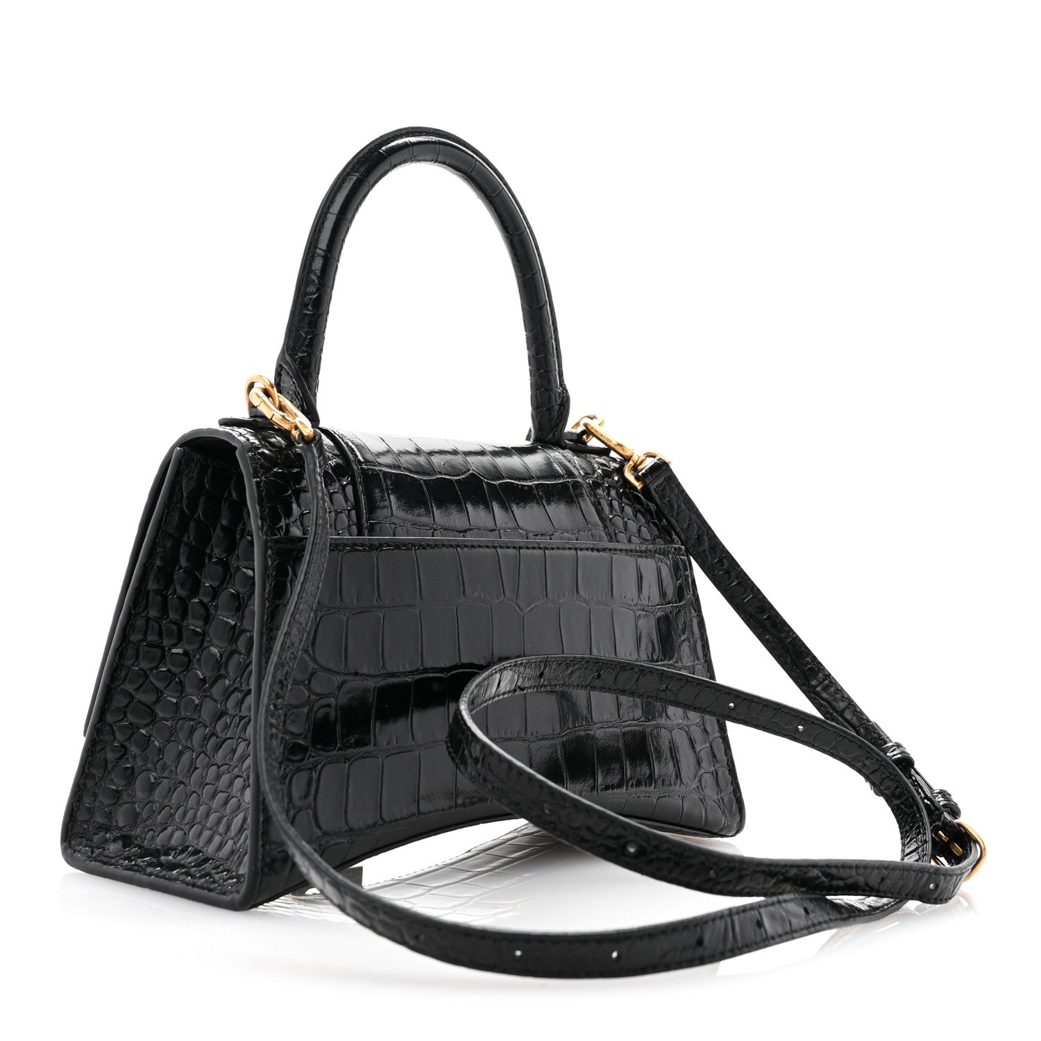 Balenciaga Shiny Calfskin Crocodile Embossed Small Hourglass Top Handle Bag Black 3 of 10