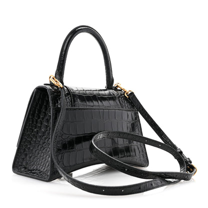 Balenciaga Shiny Calfskin Crocodile Embossed Small Hourglass Top Handle Bag Black 3 of 10