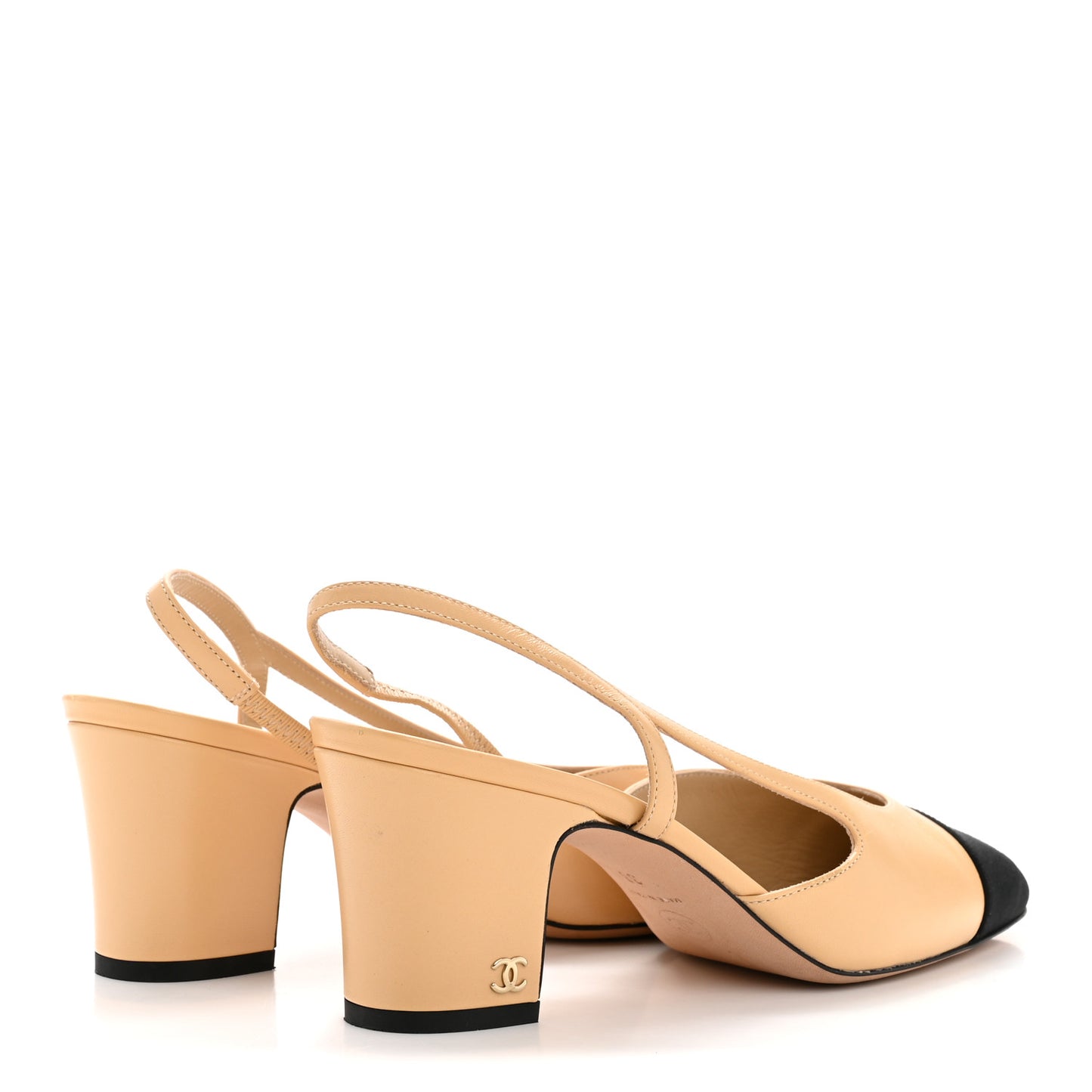 Goatskin Grosgrain Cap Toe CC Slingback Pumps 38 Beige Black