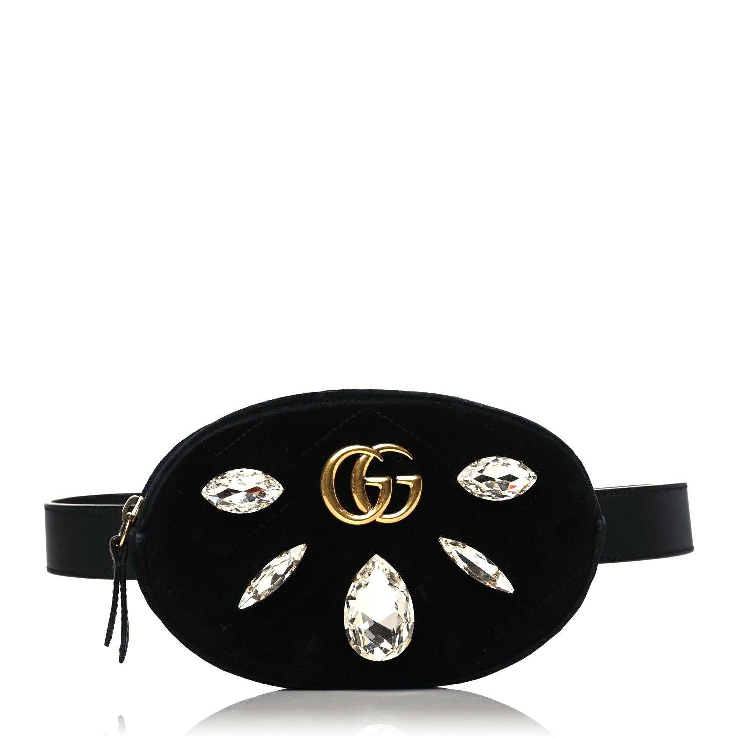 Gucci Velvet Matelasse Marquise Crystals GG Marmont Belt Bag 85 34 Black 1 of 11
