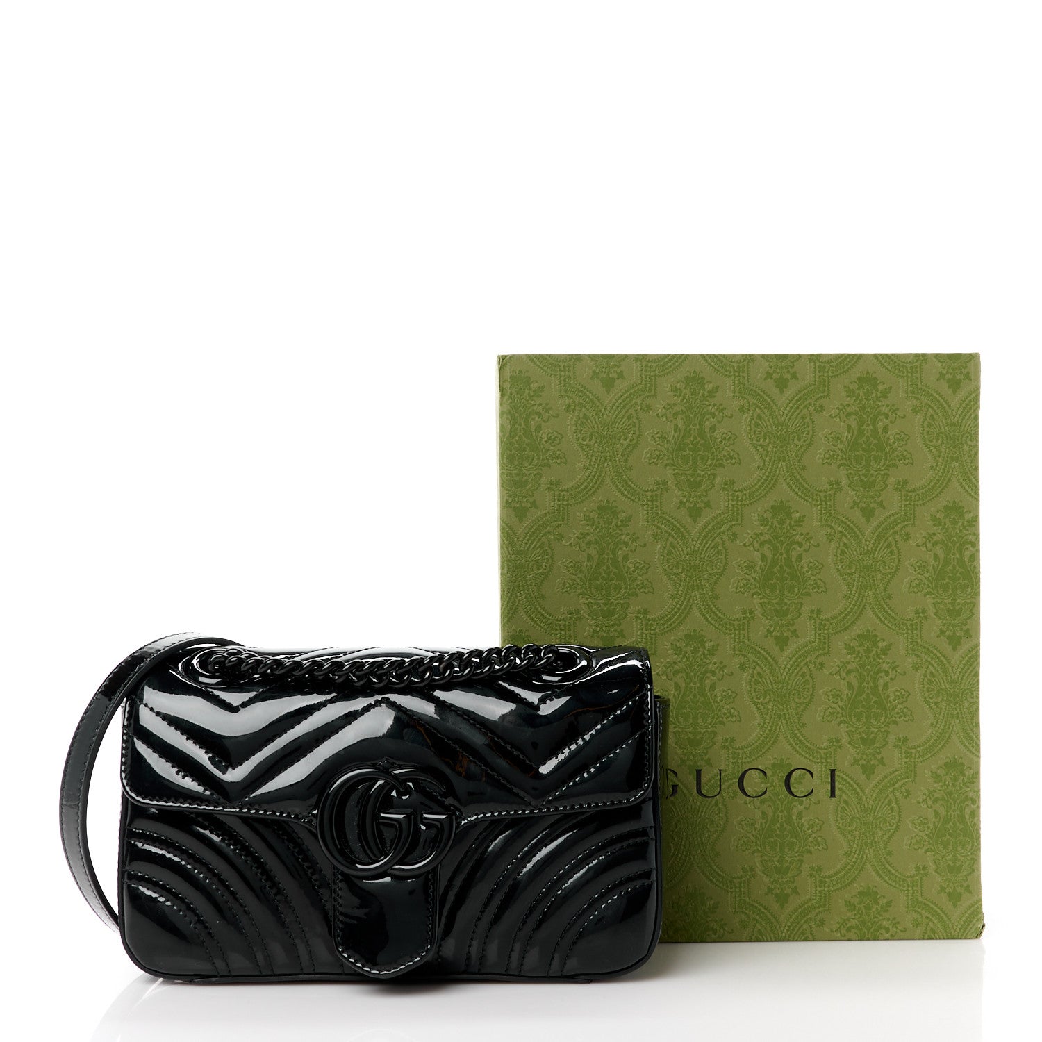 Gucci Patent Lambskin Matelasse Monochrome Mini GG Marmont Shoulder Bag Black 13 of 13