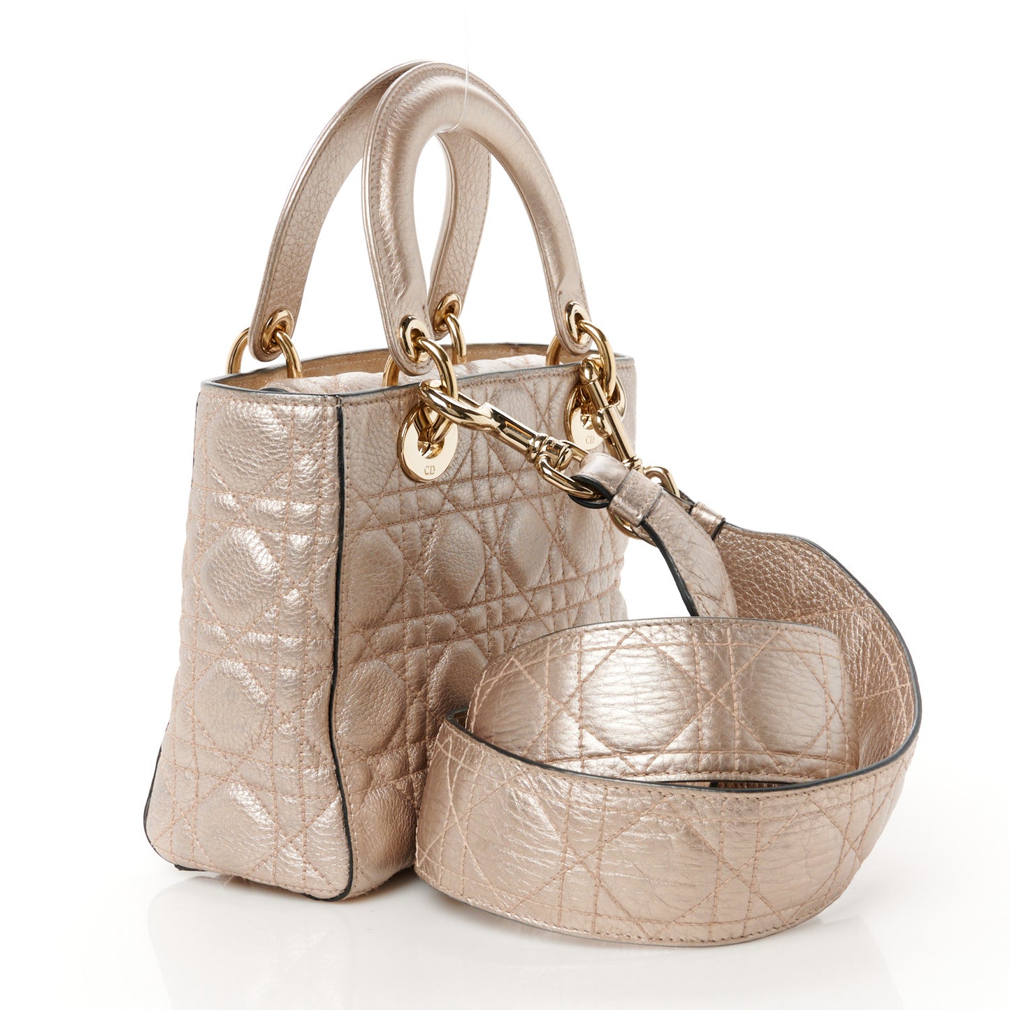 Metallic Grained Calfskin Cannage Small Supple Lady Dior Pale Gold