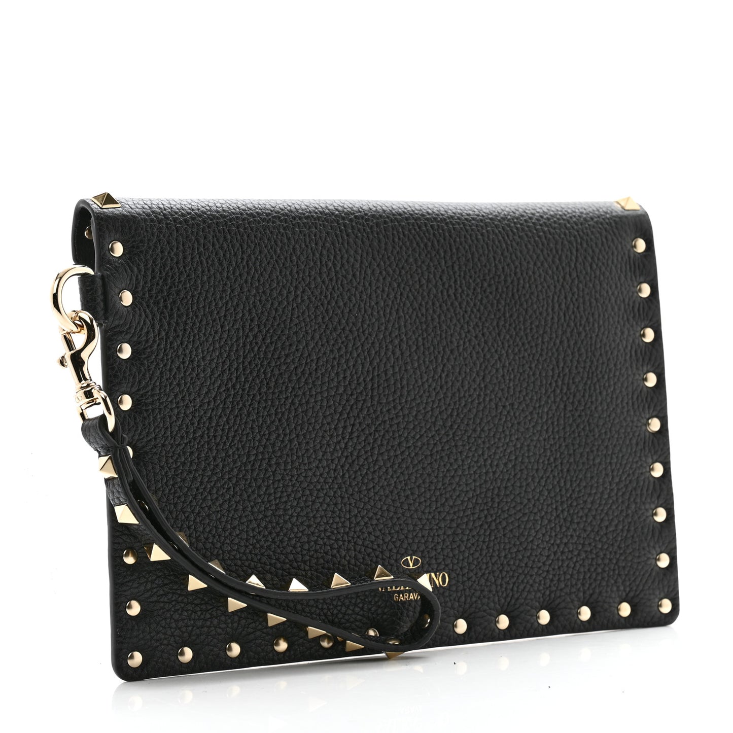 Pebbled Calfskin Medium Rockstud Envelope Flat Wristlet Pouch Black
