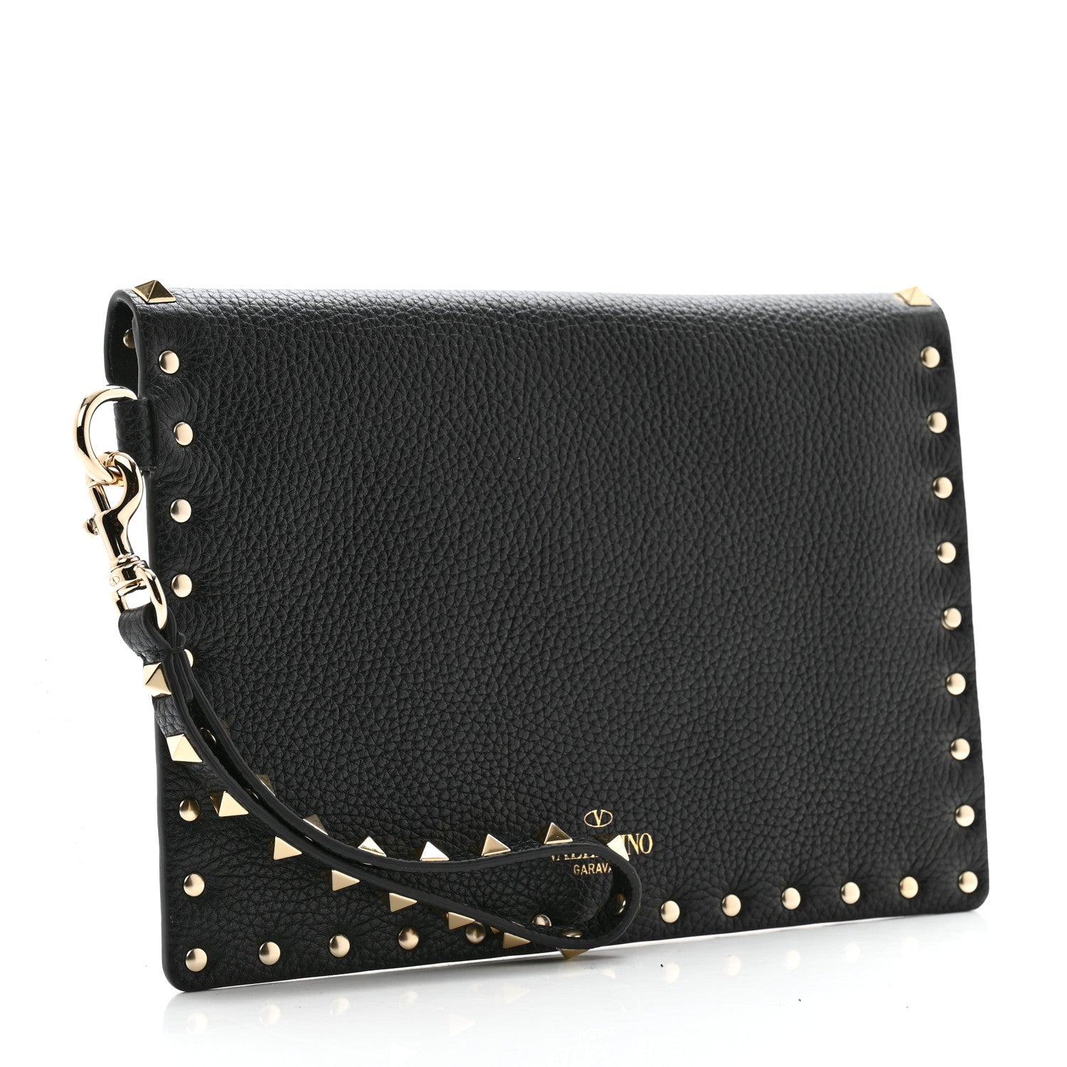 Valentino Garavani Pebbled Calfskin Medium Rockstud Envelope Flat Wristlet Pouch Black 3 of 7