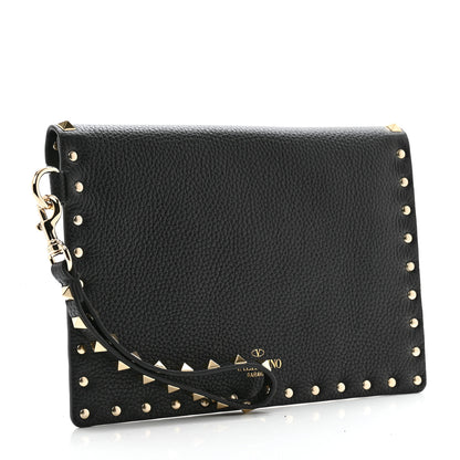Valentino Garavani Pebbled Calfskin Medium Rockstud Envelope Flat Wristlet Pouch Black 3 of 7