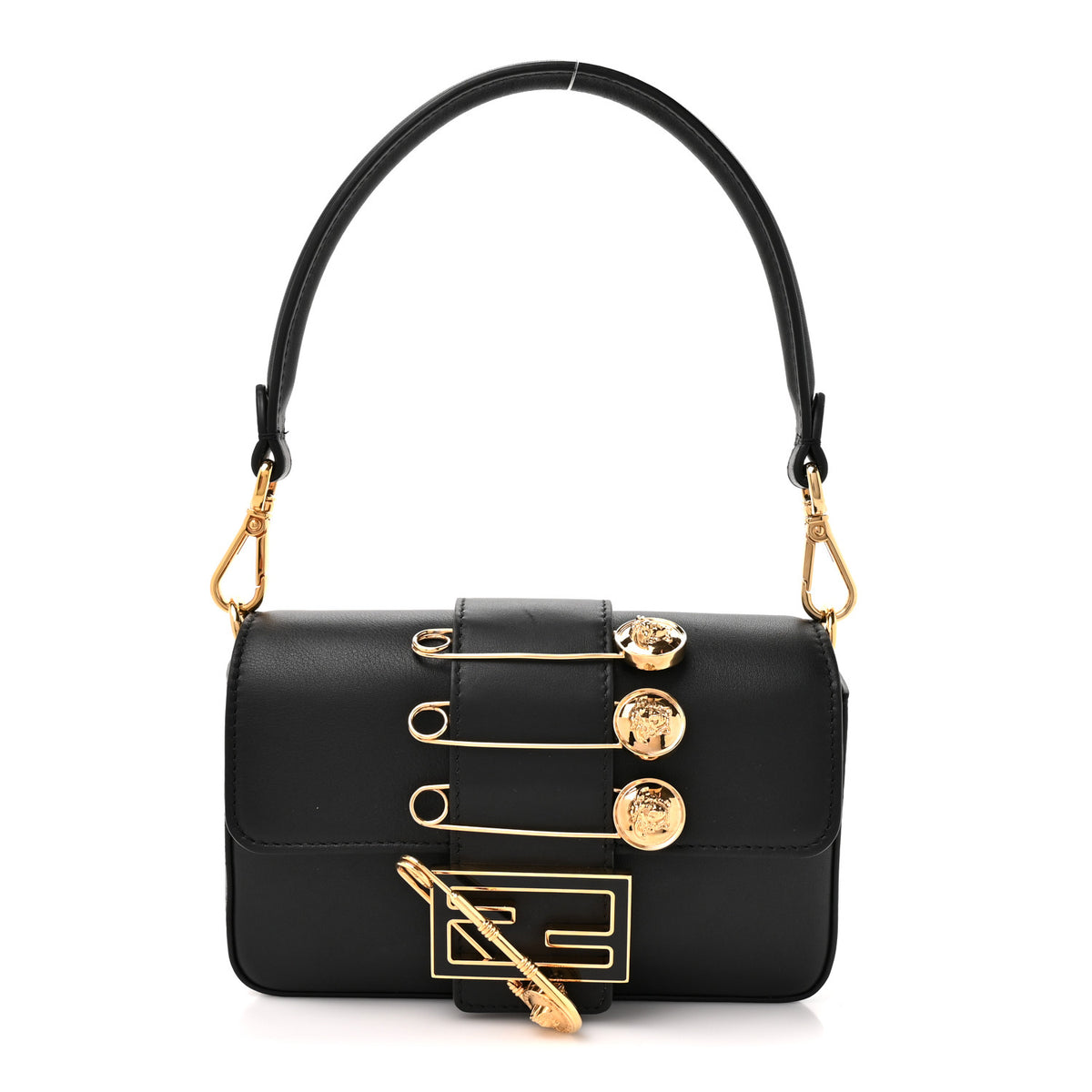 X VERSACE Vitello Seta Fendace Mini Brooch Baguette Black