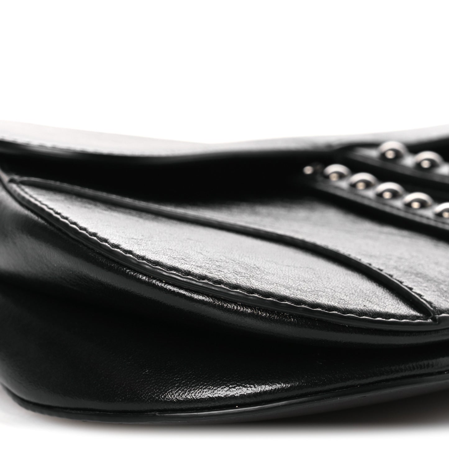 Shiny Crinkled Calfskin Studded Saddle Bag Black