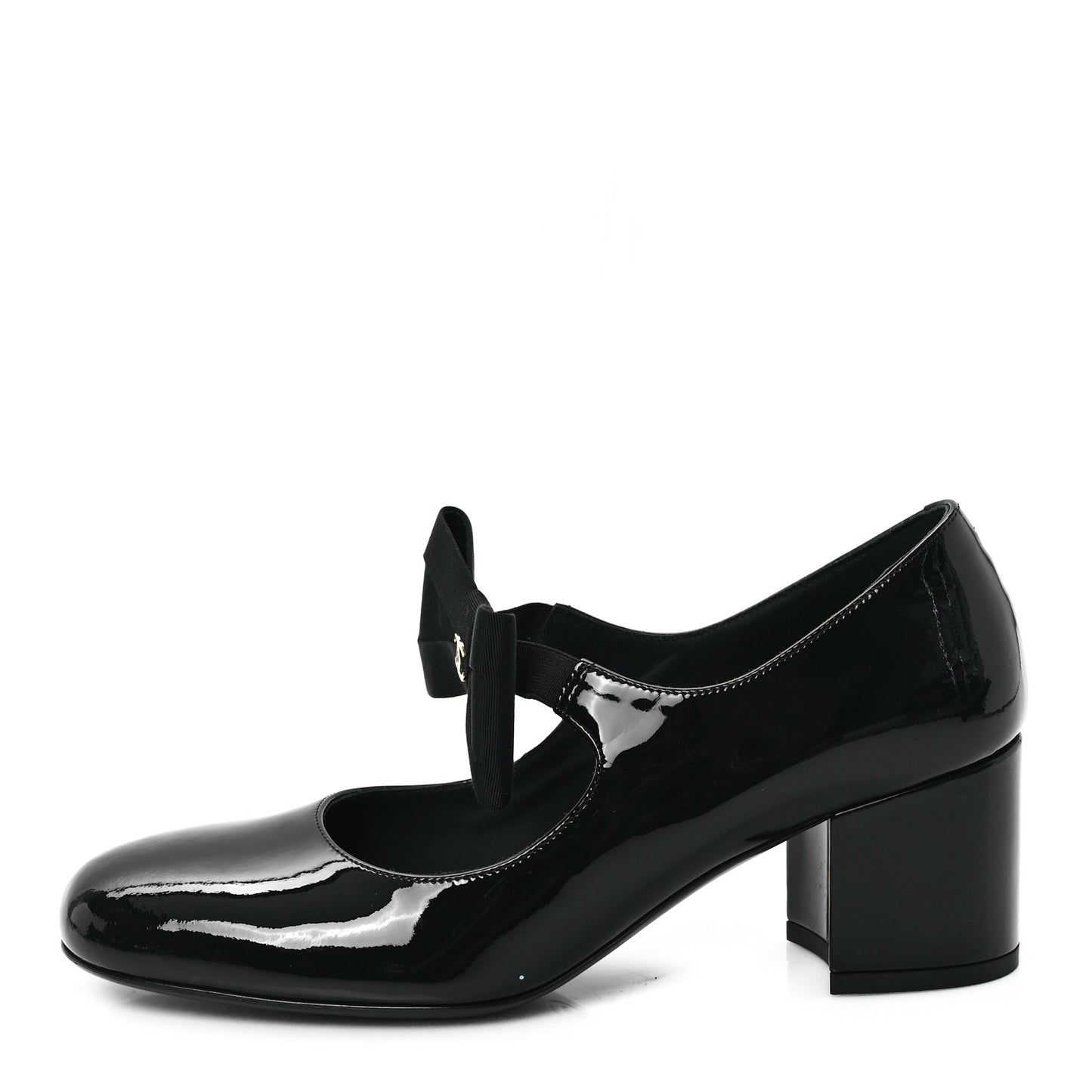 Patent Calfskin Grosgrain CC Mary Jane Pumps 38.5 Black