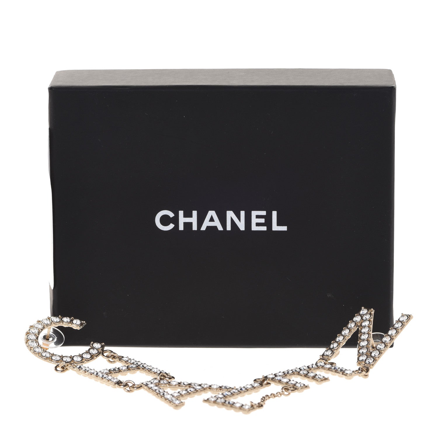Chanel Crystal Cha-Nel Logo Drop Earrings Gold 5 of 5