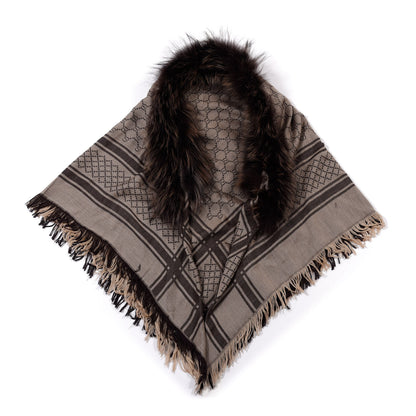 Gucci Wool Silk Fox Fur Monogram Shawl Scarf Brown 1 of 6