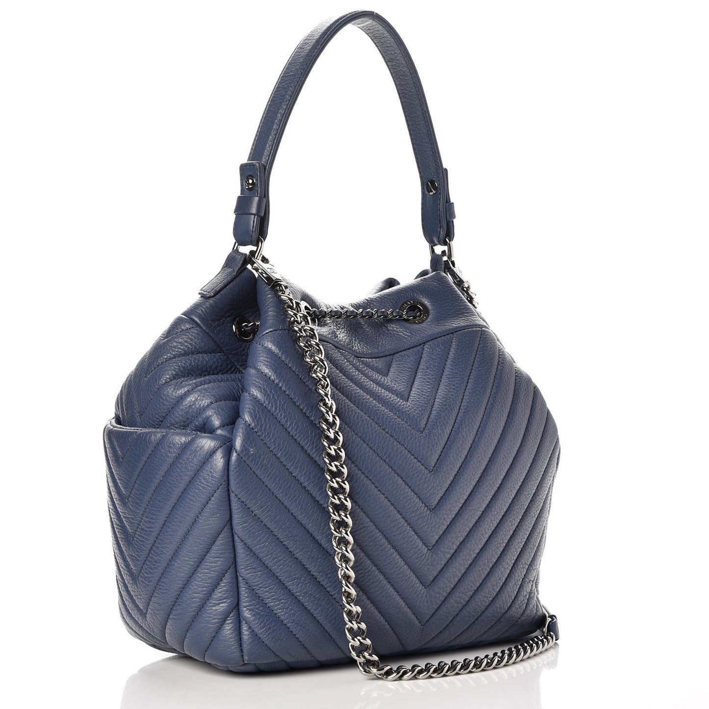 Deerskin Chevron Medium Chain Bucket Bag Blue