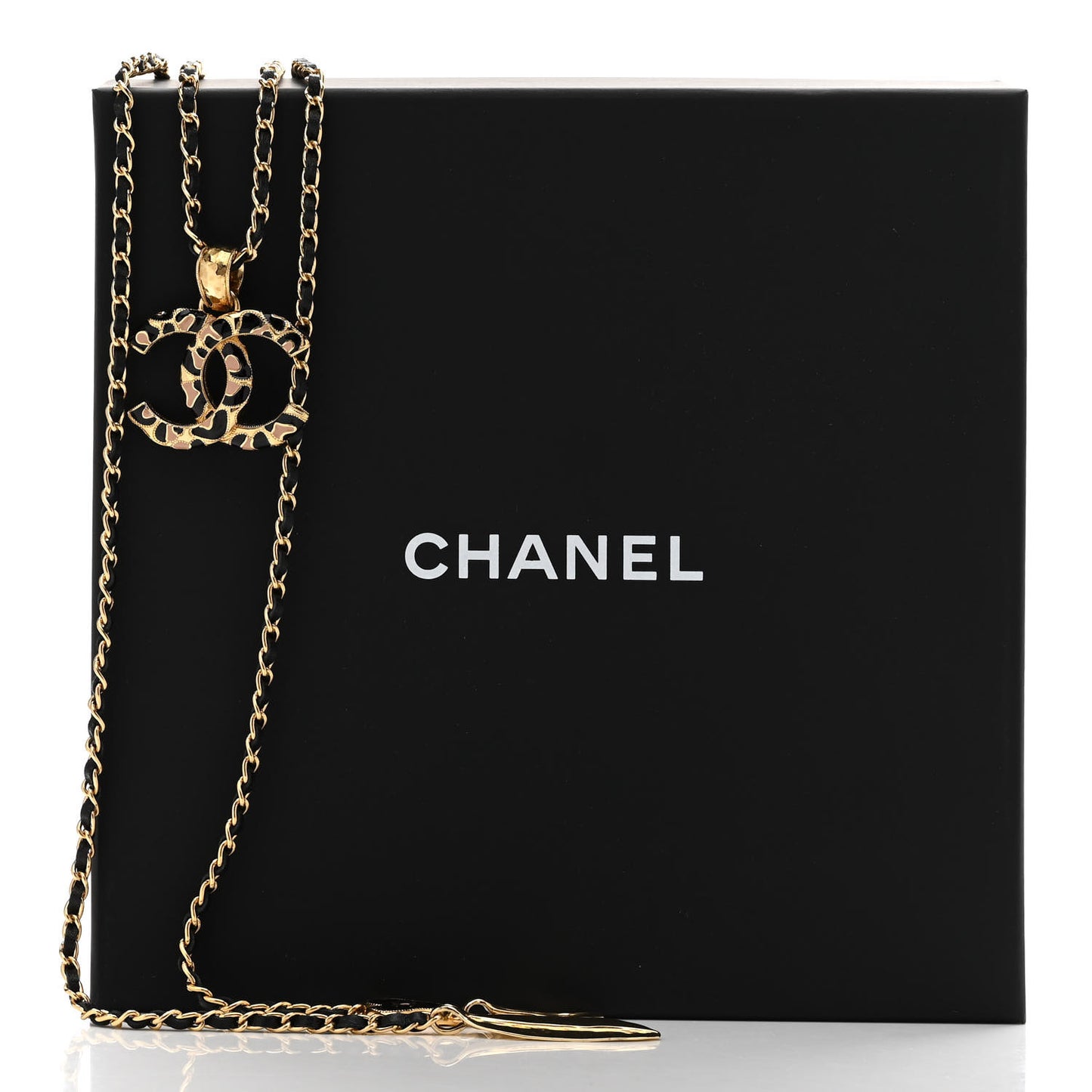 Metal Calfskin Leopard Print CC Pendant Necklace Gold Black Beige