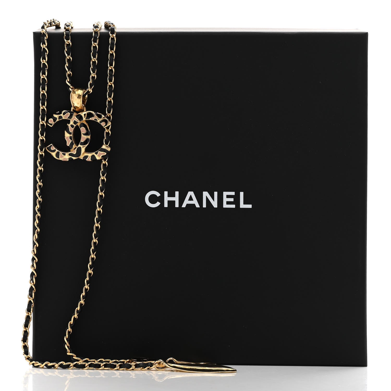 Chanel Metal Calfskin Leopard Print CC Pendant Necklace Gold Black Beige 7 of 7