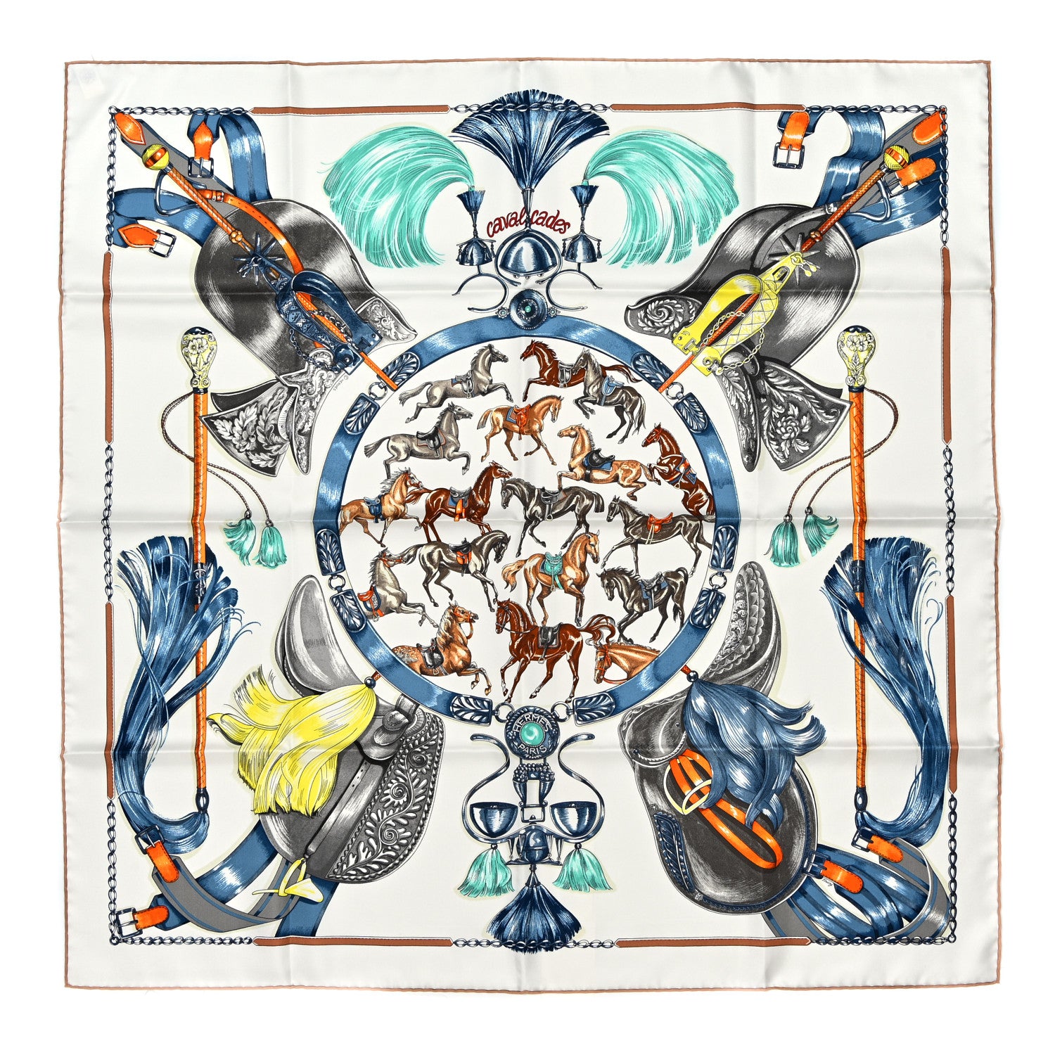 Hermes Silk Cavalcades Scarf 90 White Bleu Jean Vert 1 of 6