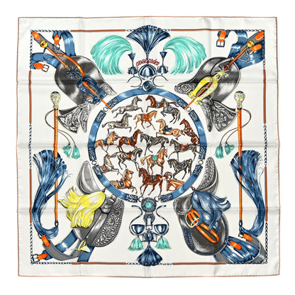 Hermes Silk Cavalcades Scarf 90 White Bleu Jean Vert 1 of 6