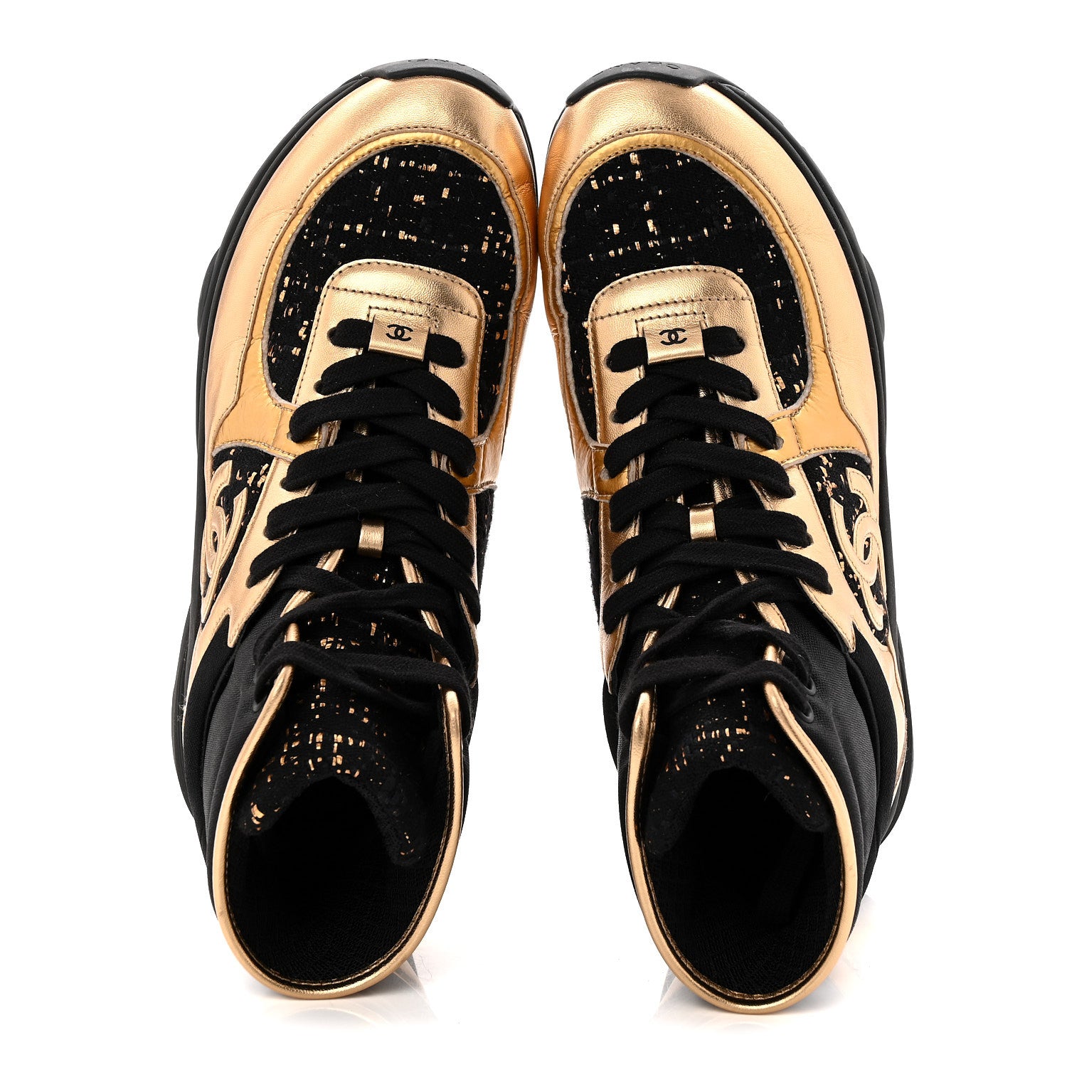 Chanel Satin Lambskin Fabric Tweed CC High Top Sneakers 39 Black Gold 2 of 9