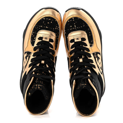 Chanel Satin Lambskin Fabric Tweed CC High Top Sneakers 39 Black Gold 2 of 9