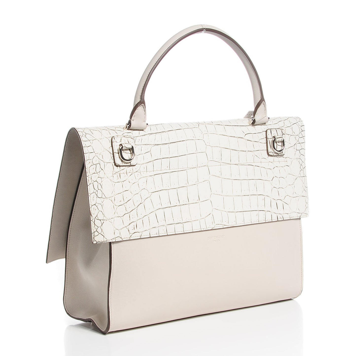 Calfskin Crocodile Embossed Shark Lock Satchel Off White