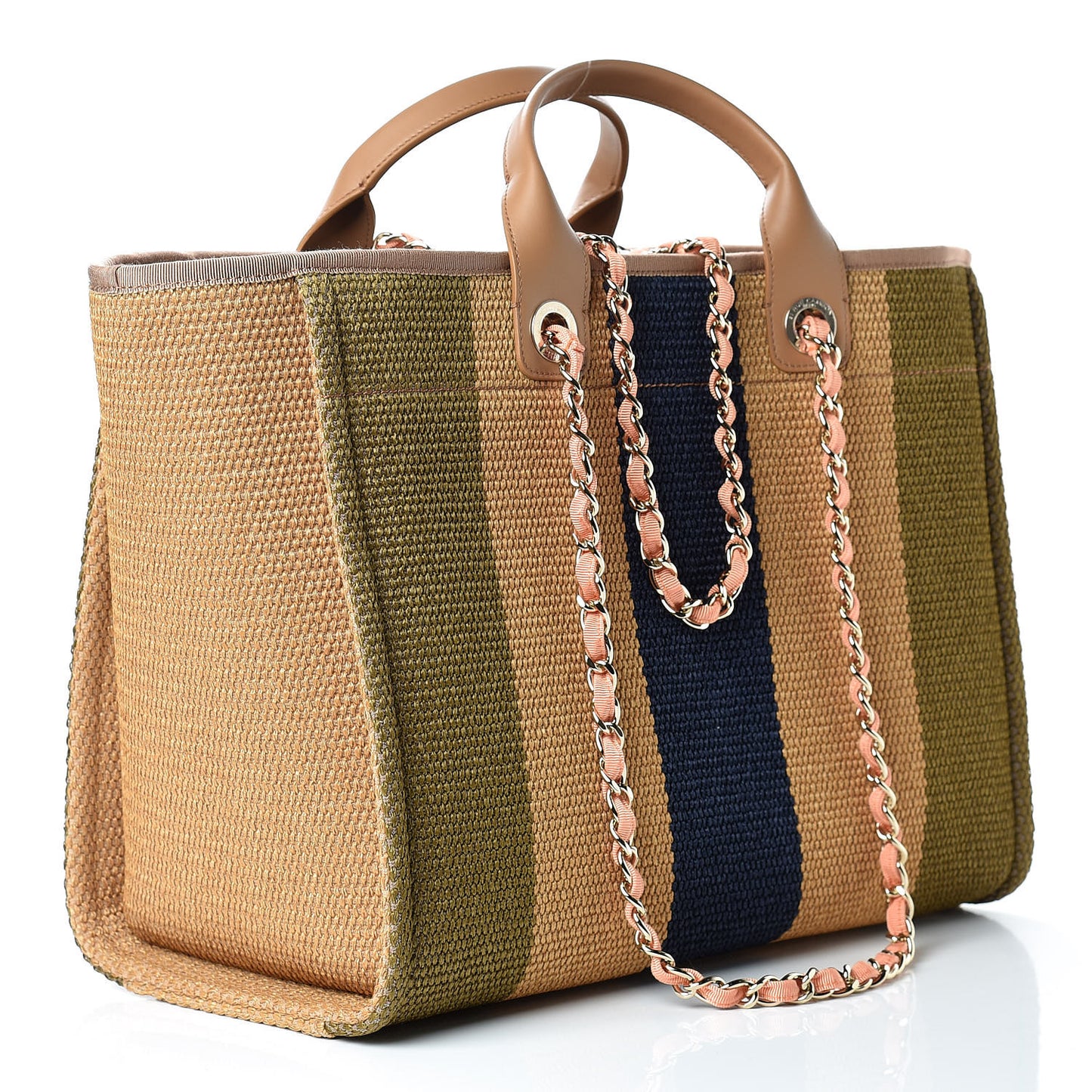Straw Raffia Calfskin Striped Large Deauville Tote Khaki Beige Navy Blue
