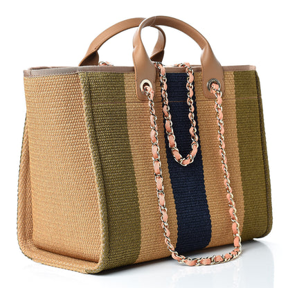 Chanel Straw Raffia Calfskin Striped Large Deauville Tote Khaki Beige Navy Blue 4 of 12