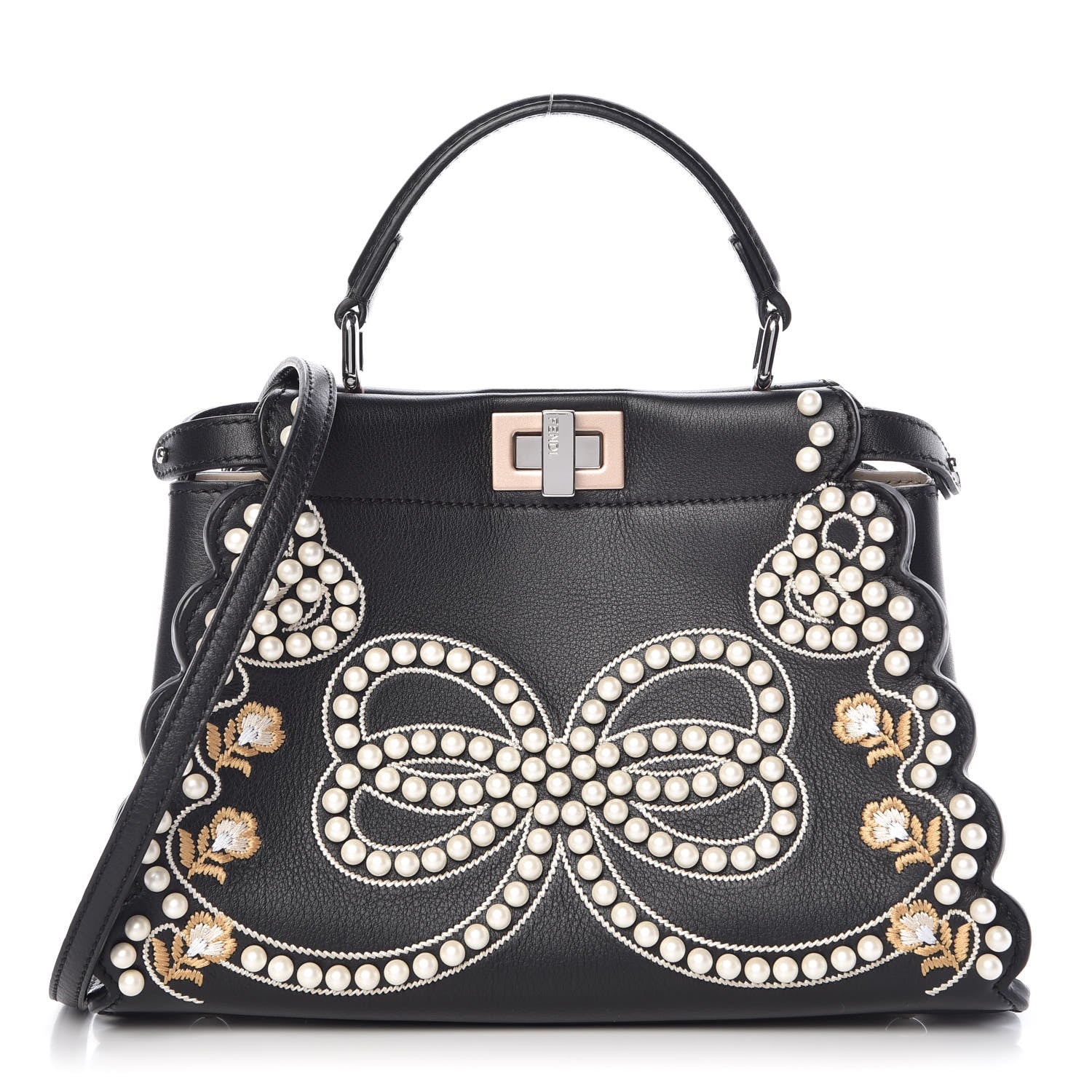 Fendi Calfskin Flowers and Bows Scalloped Mini Peekaboo Iconic Satchel Black Camelia 1 of 11