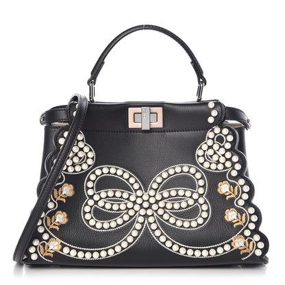Fendi Calfskin Flowers and Bows Scalloped Mini Peekaboo Iconic Satchel Black Camelia 1 of 11