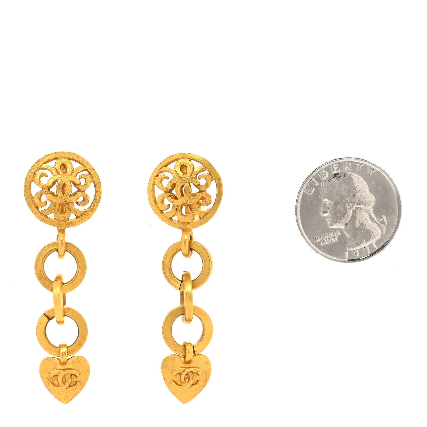 Metal CC Clip On Heart Drop Earrings Gold