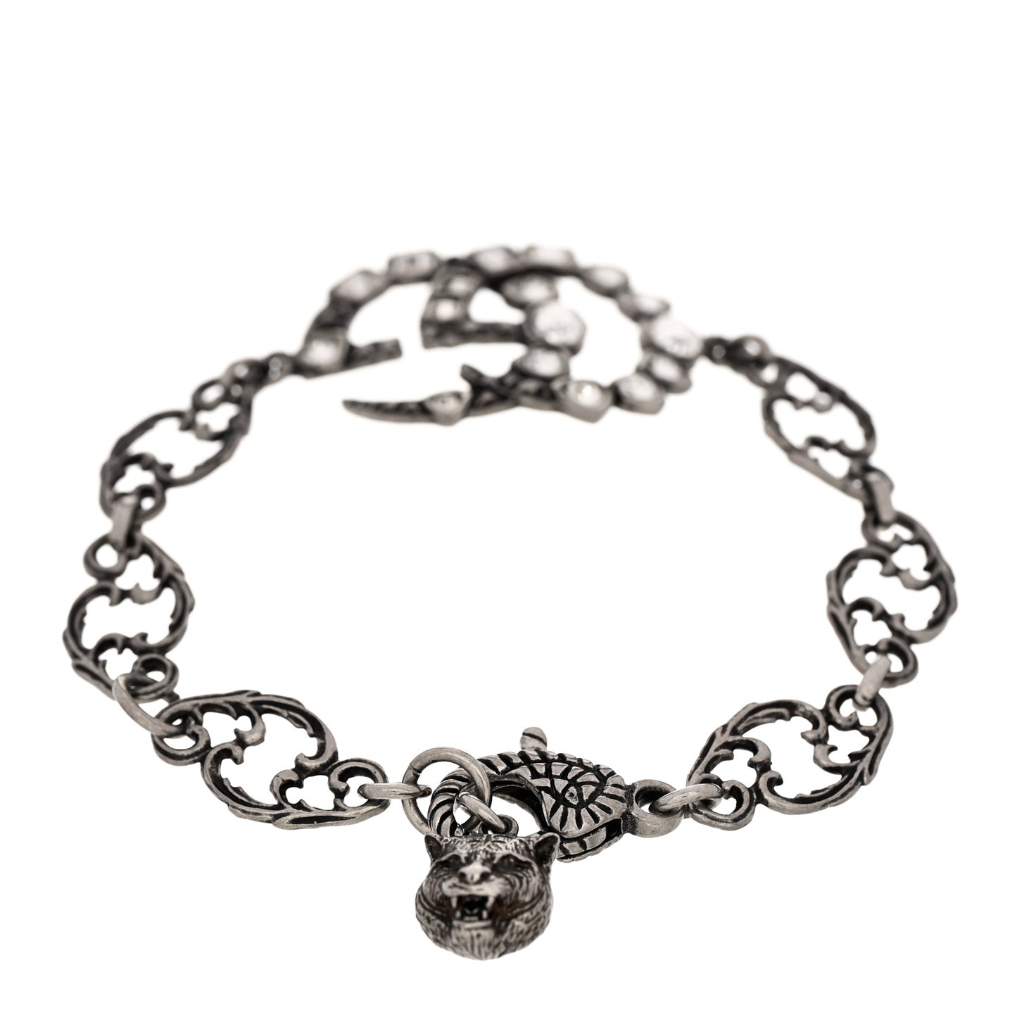 Oxidized Metal Crystal Double G Bracelet Silver