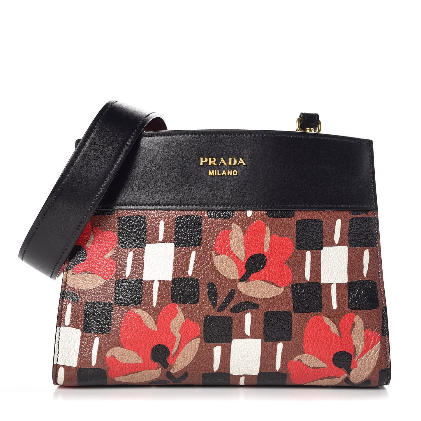 Goatskin Floral Print Bibliotheque Shoulder Bag Tabacco Black