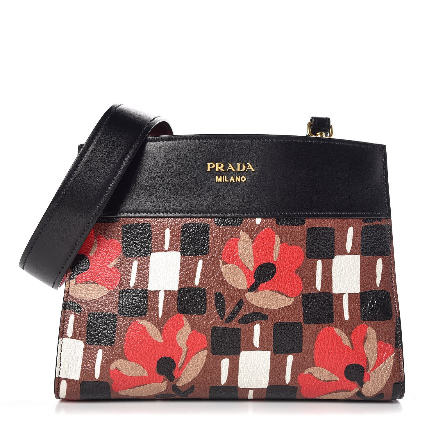 Prada Goatskin Floral Print Bibliotheque Shoulder Bag Tabacco Black 1 of 16