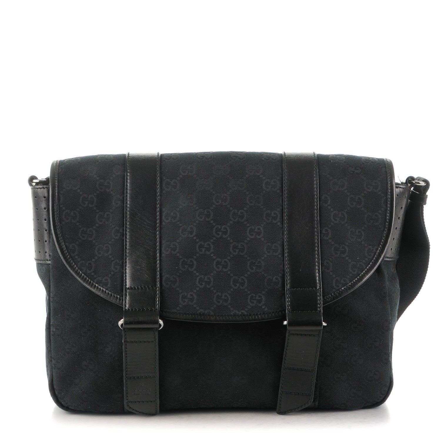 Gucci Monogram Medium Double Buckle Flap Messenger Bag Black 1 of 7