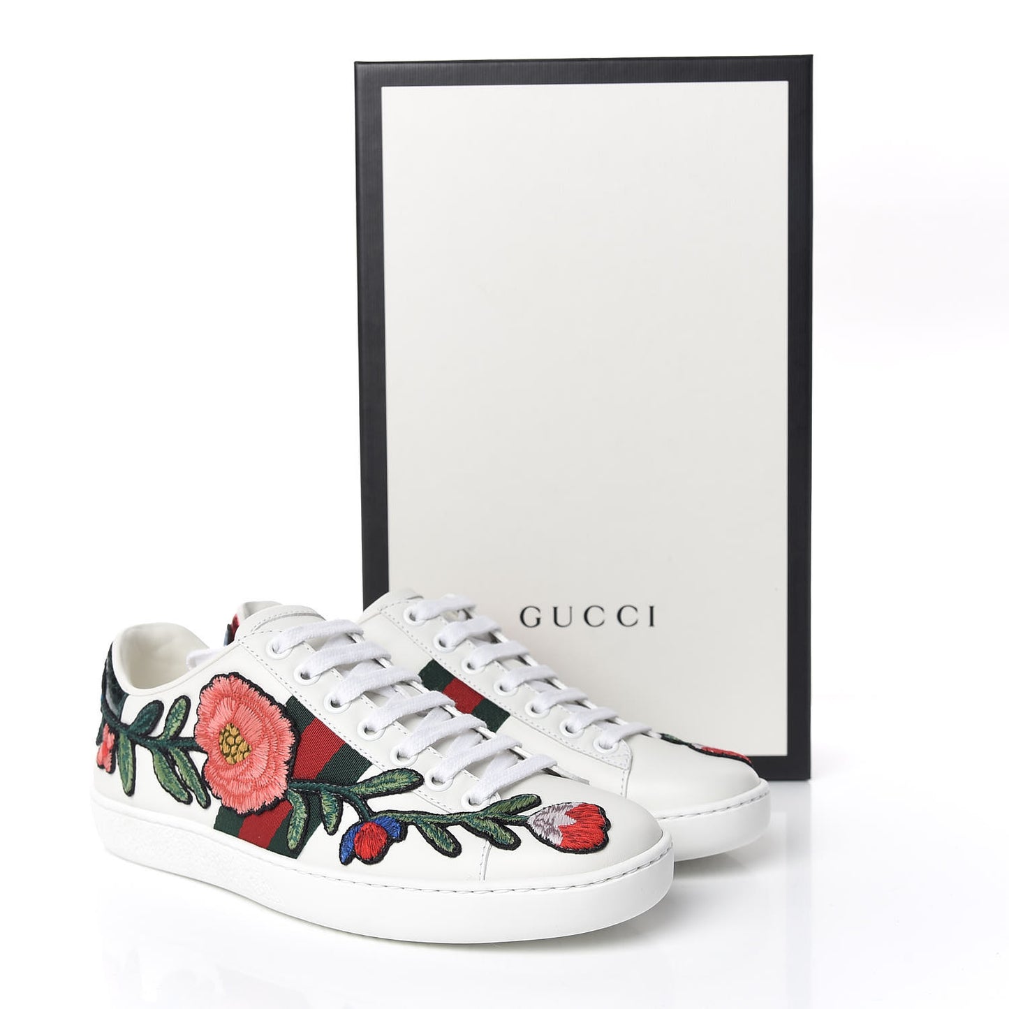 Calfskin Web Floral Embroidered Ace Sneakers 35 White
