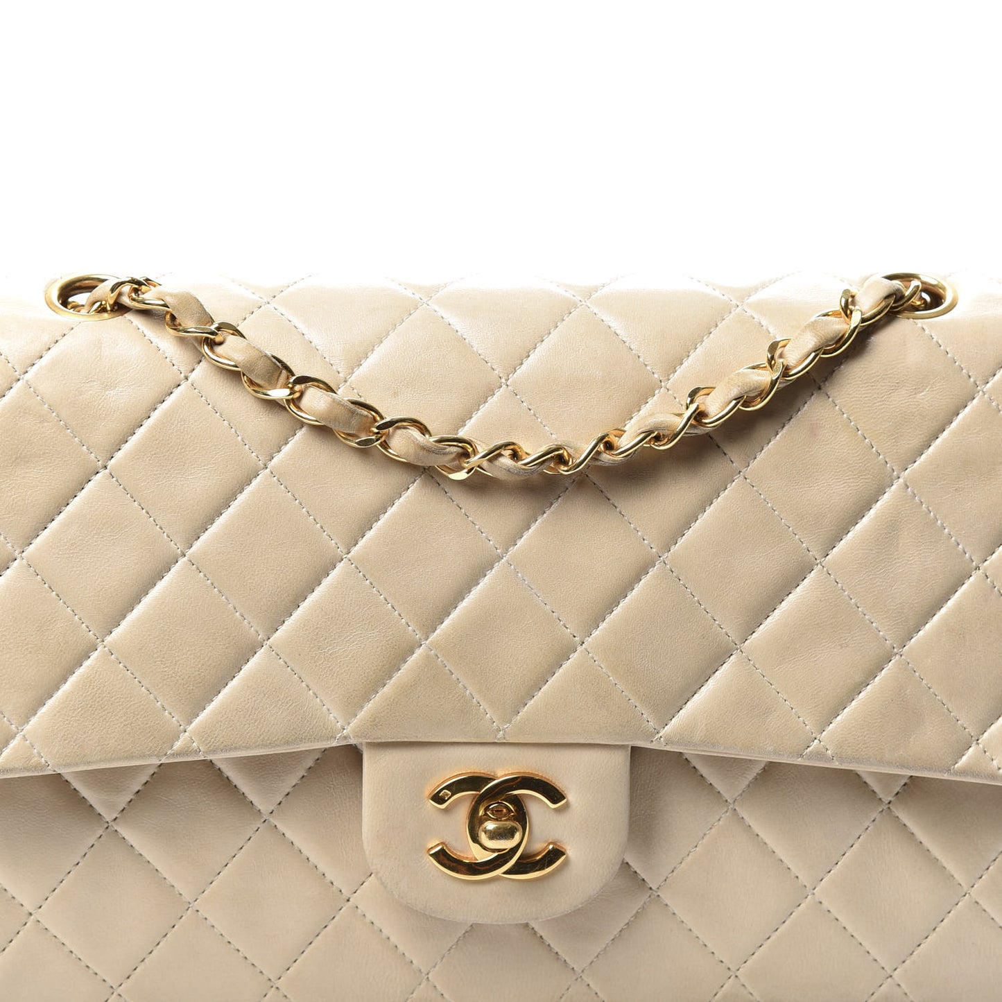 Lambskin Quilted Medium Double Flap Beige
