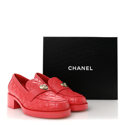 Chanel Lambskin Quilted CC Heart Loafers 38 Red 10 of 10