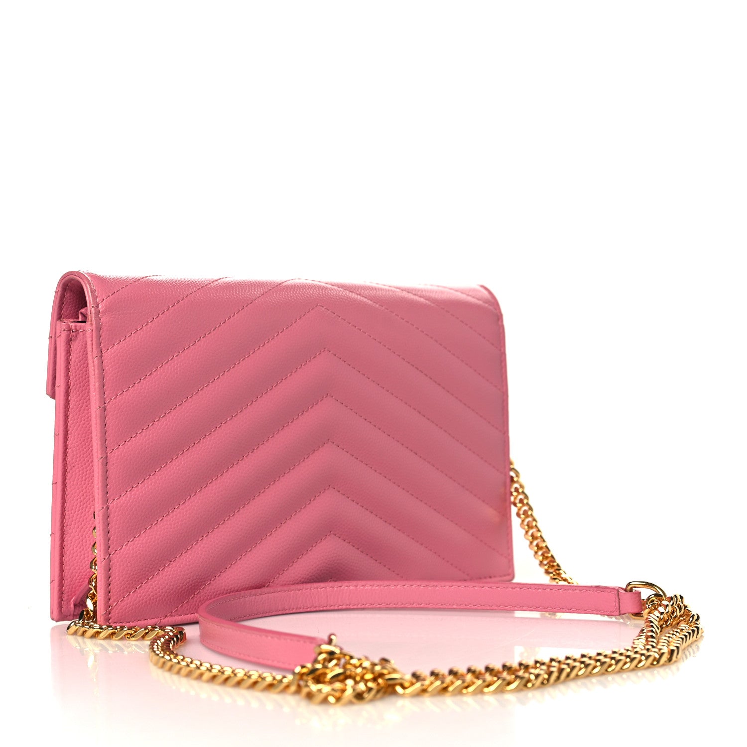 Saint Laurent Grain De Poudre Matelasse Chevron Monogram Envelope Chain Wallet Rose Clair 3 of 10