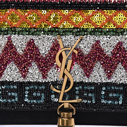 Saint Laurent Suede Sequin Bead Embellished Classic Monogram Kate Tassel Chain Wallet Black Multicolor 10 of 10