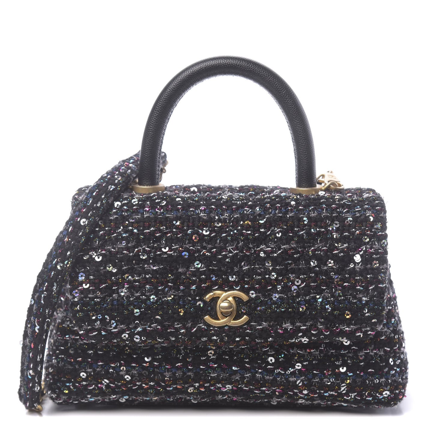 Tweed Sequin Mini Coco Handle Flap Black