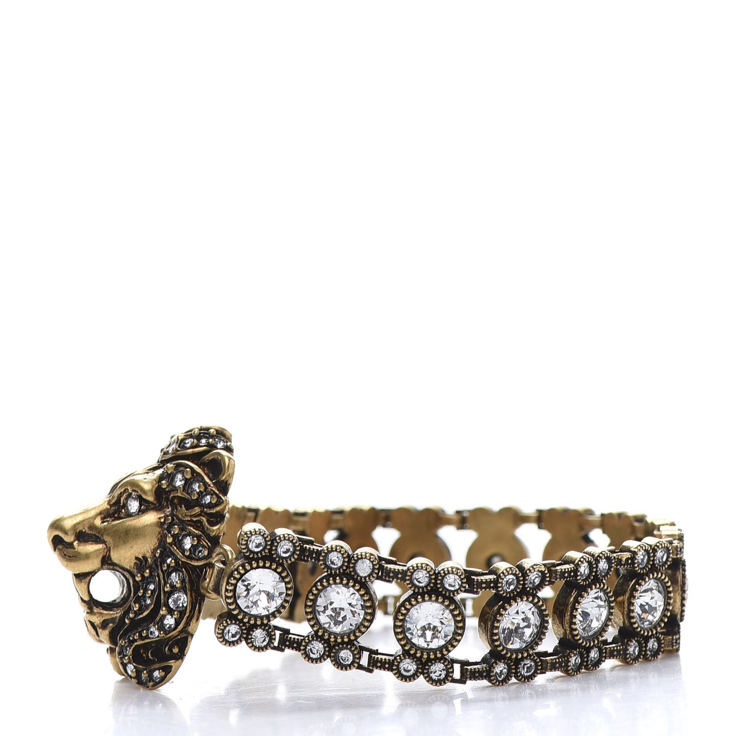Metal Crystal Lion Head Bracelet L Aged Gold