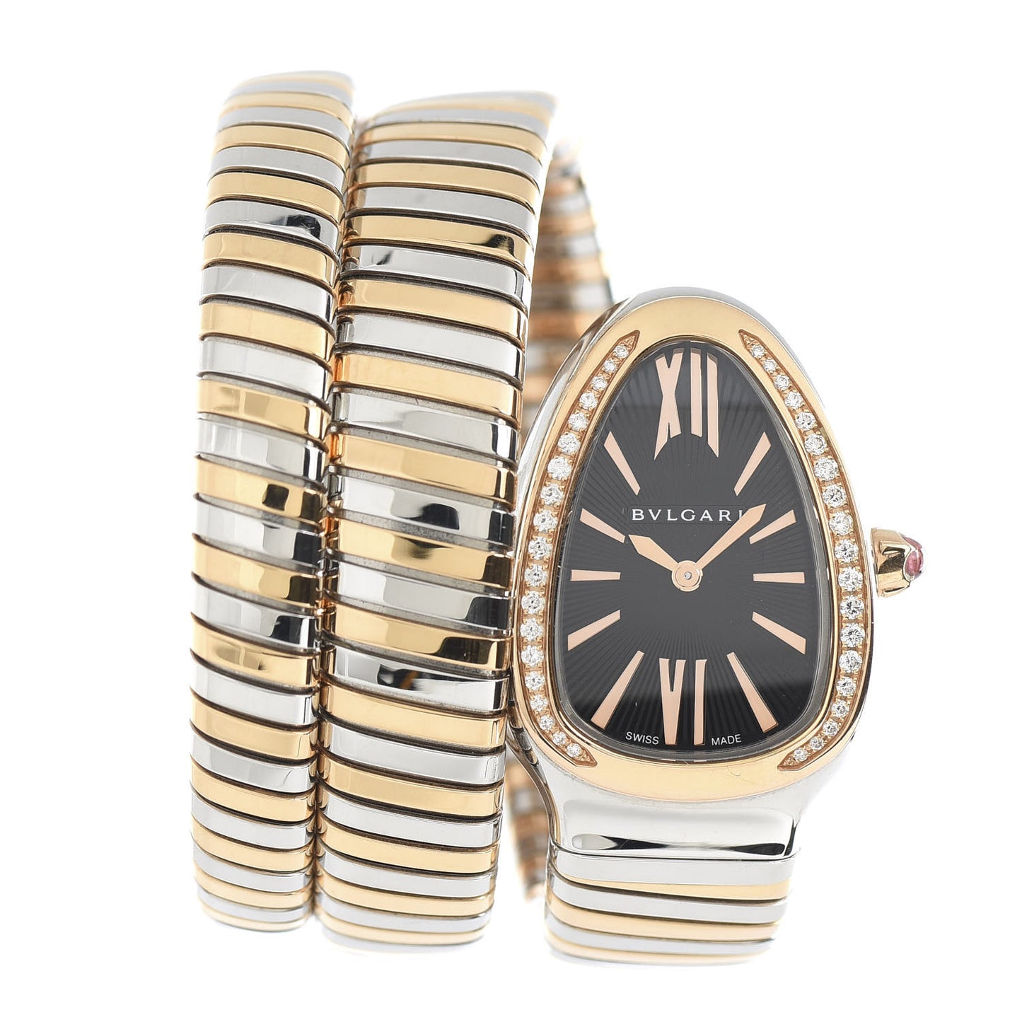 Stainless Steel 18K Rose Gold Diamond Bezel 35mm Serpenti Tubogas Double Spiral Quartz Watch Black
