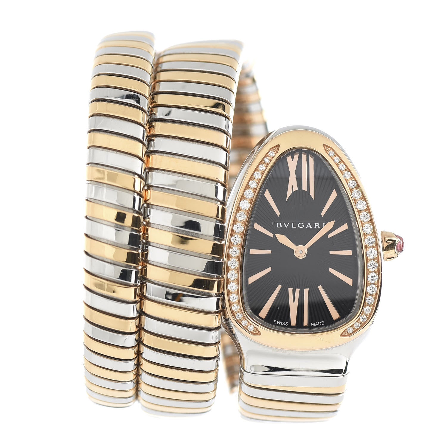 Bulgari Stainless Steel 18K Rose Gold Diamond Bezel 35mm Serpenti Tubogas Double Spiral Quartz Watch Black 1 of 6