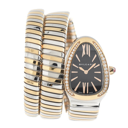 Bulgari Stainless Steel 18K Rose Gold Diamond Bezel 35mm Serpenti Tubogas Double Spiral Quartz Watch Black 1 of 6