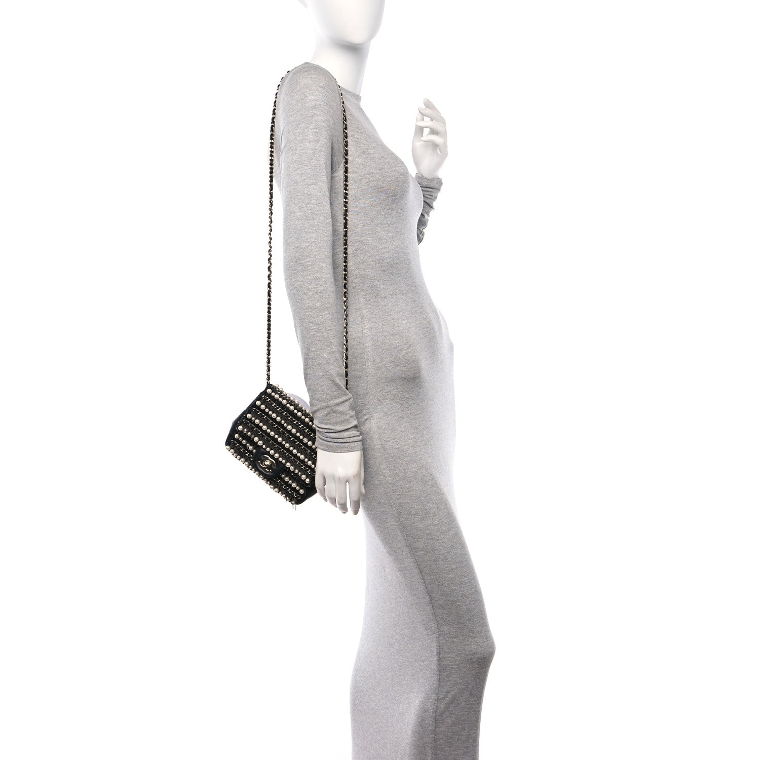 Chanel Lambskin Sequin Pearl Chain Fringe Mini Flap Black 3 of 12
