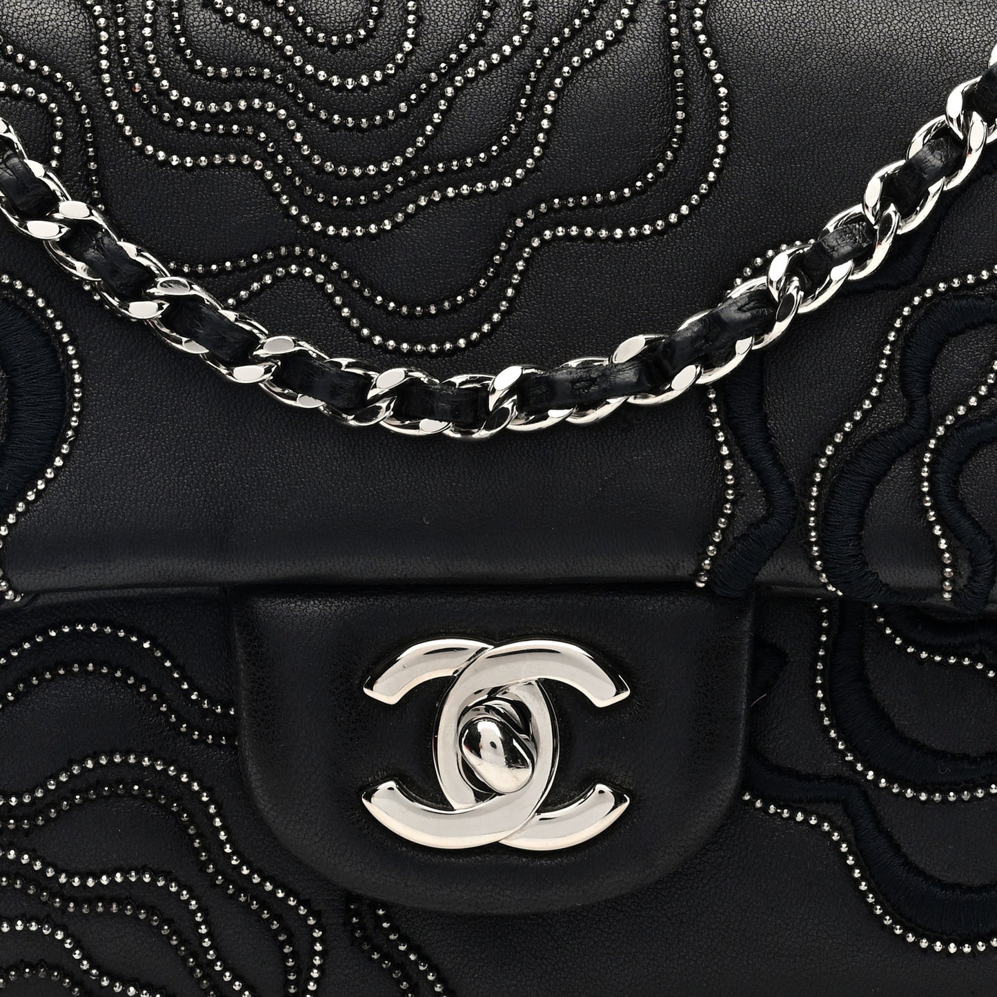 Lambskin Embroidered Camellia Follies Flap Black