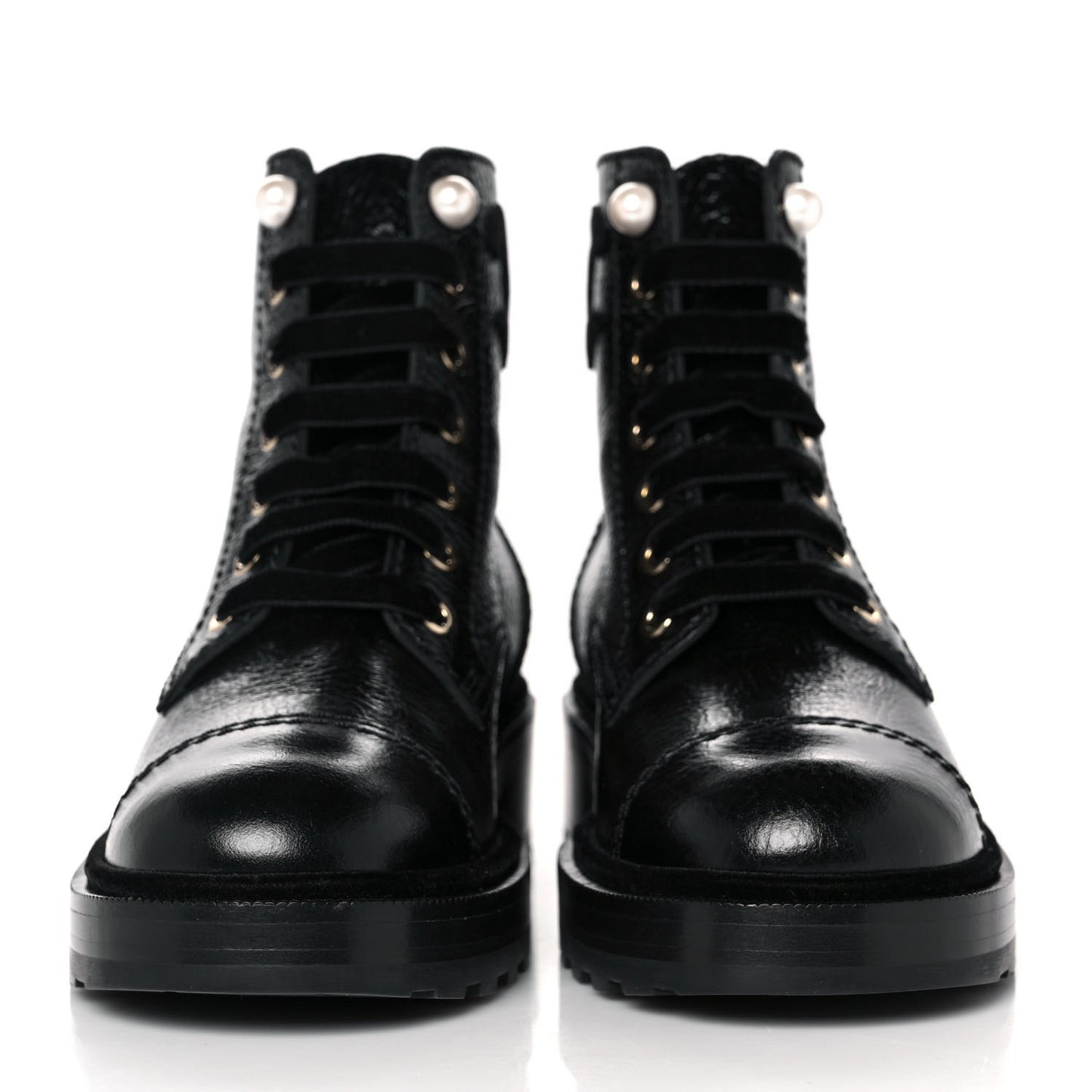 Shiny Calfskin Velvet Pearl Combat Short Boots 37 Black