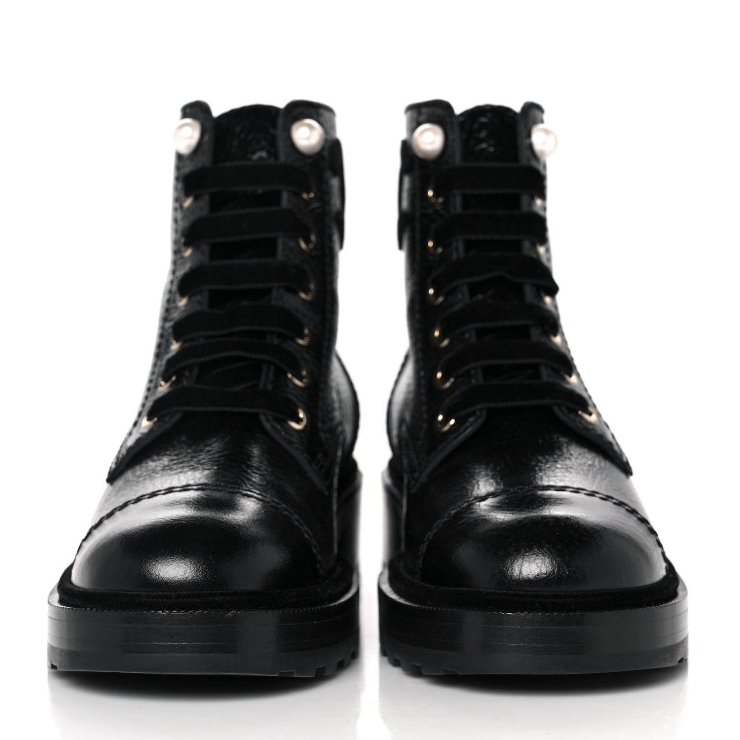 Chanel Shiny Calfskin Velvet Pearl Combat Short Boots 37 Black 2 of 8