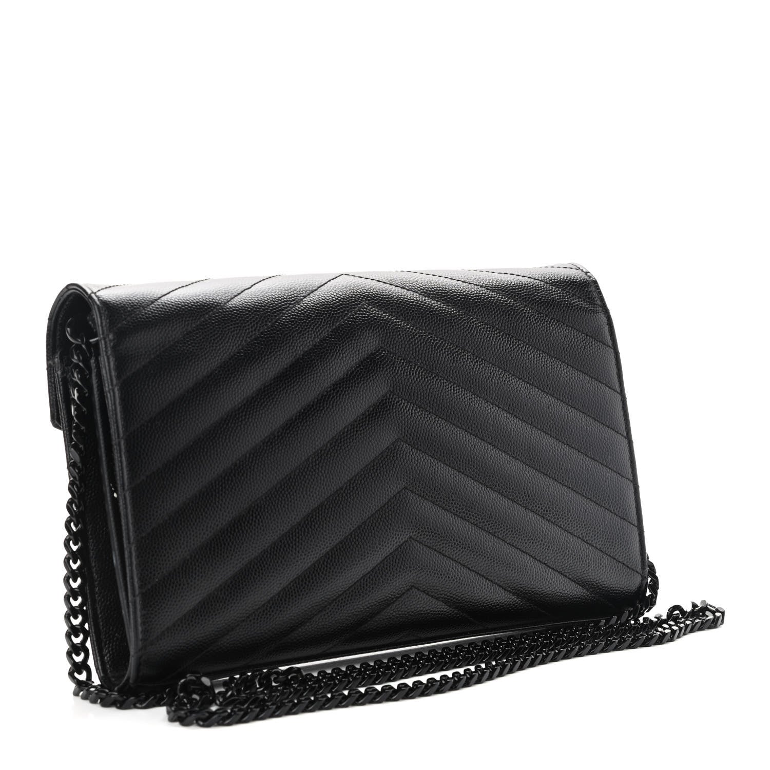 Saint Laurent Grain De Poudre Matelasse Chevron Monogram Chain Wallet Black 2 of 16