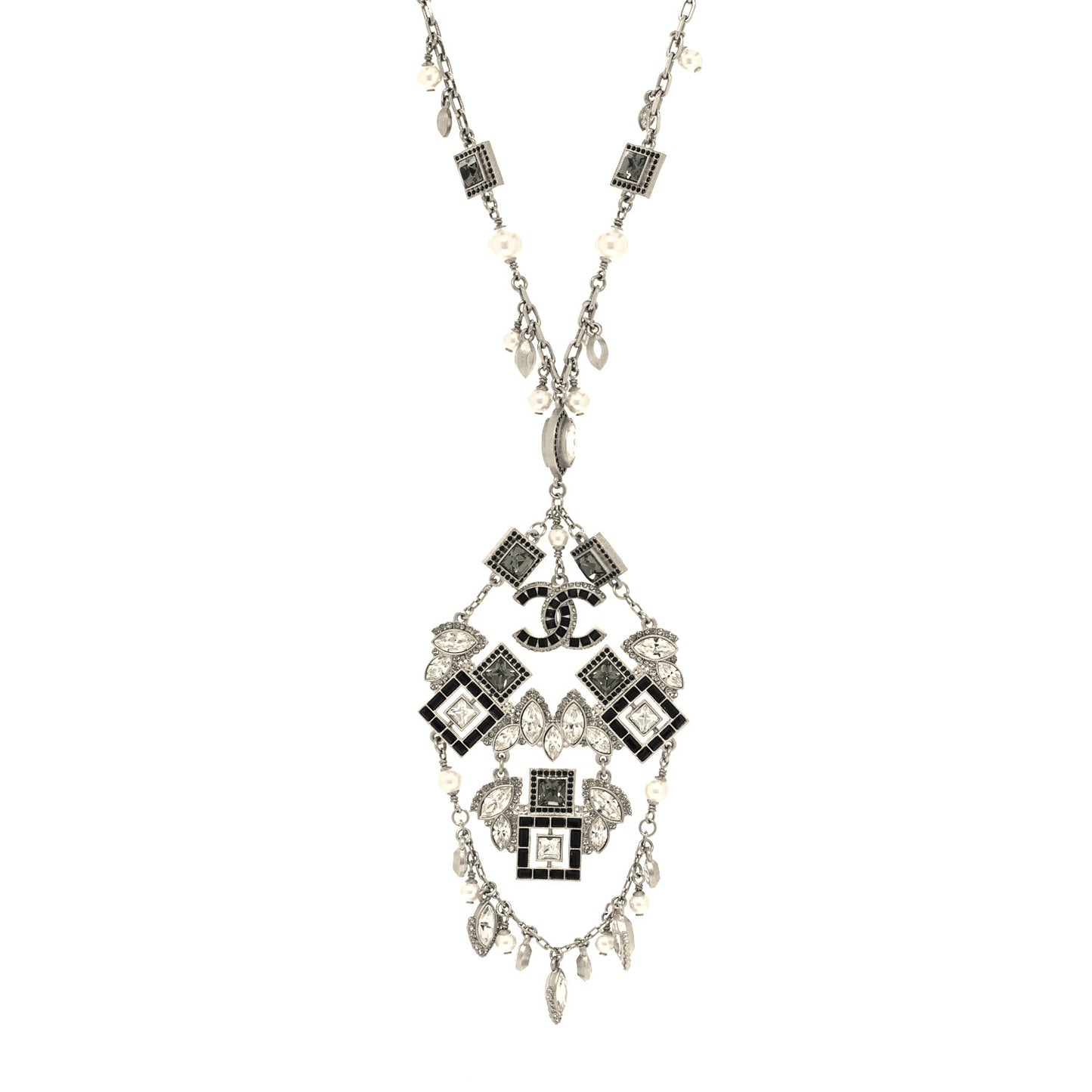 Baguette Crystal Pearl CC Pendant Necklace Silver Black