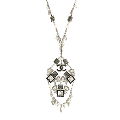 Chanel Baguette Crystal Pearl CC Pendant Necklace Silver Black 1 of 5