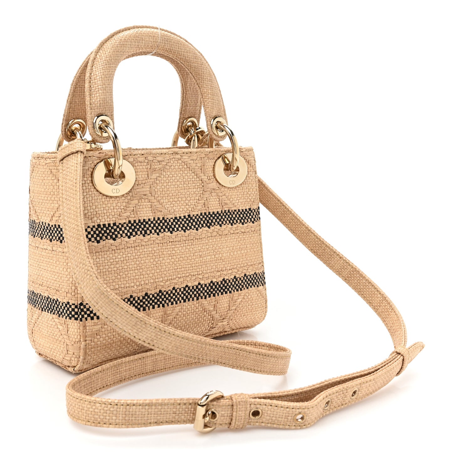 Raffia Woven Cannage Embroidered Mini Lady D-Lite Natural Black