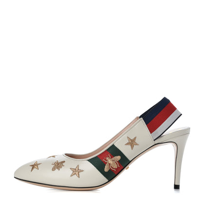 Gucci Malaga Kid Web Bee Star Embroidered Sylvie Mid Heel Slingback Pumps 39.5 White 1 of 9